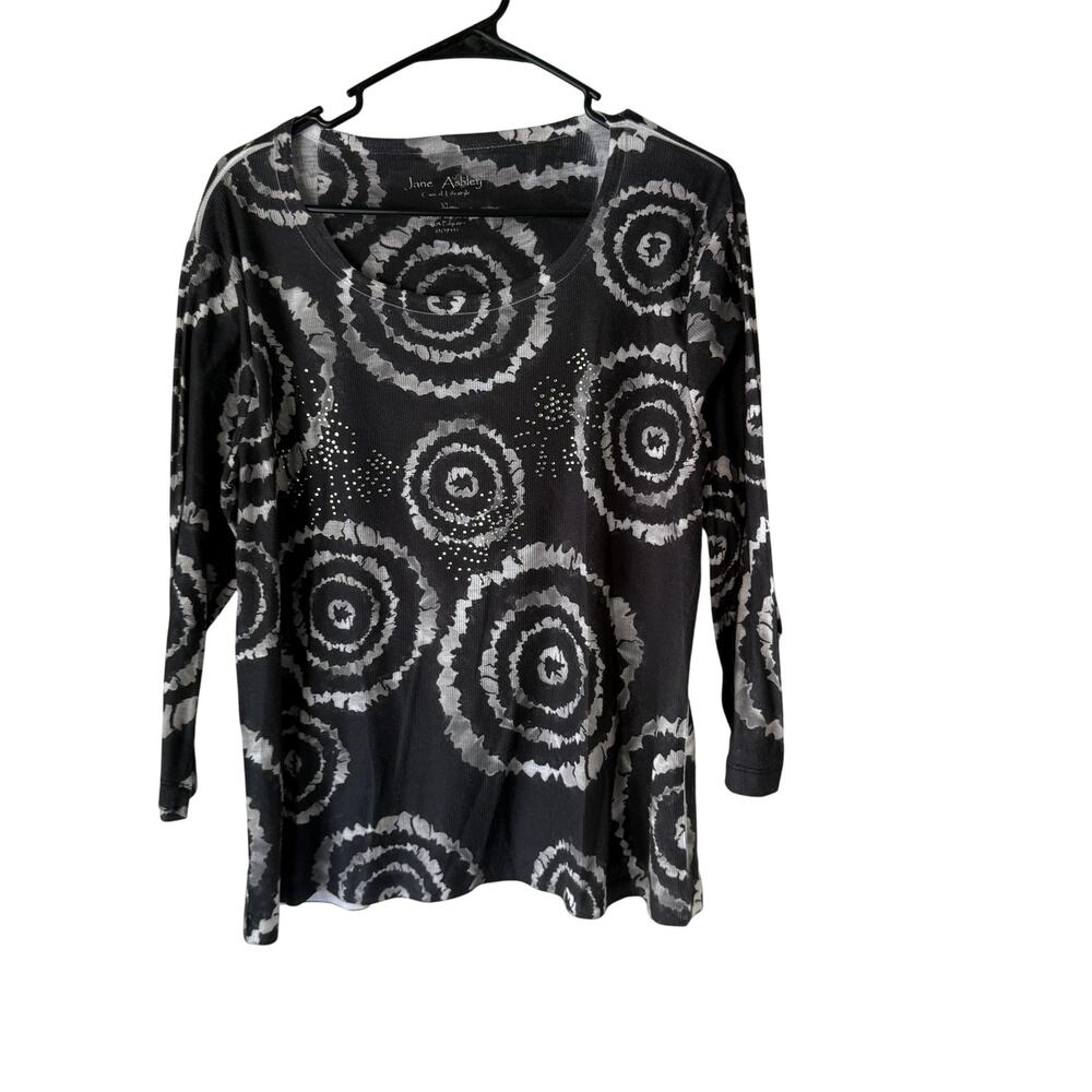 Jane Ashley Shirt Y2k XL Black Gray Spiral Tie Dye Long Sleeve Sparkle Top Artsy
